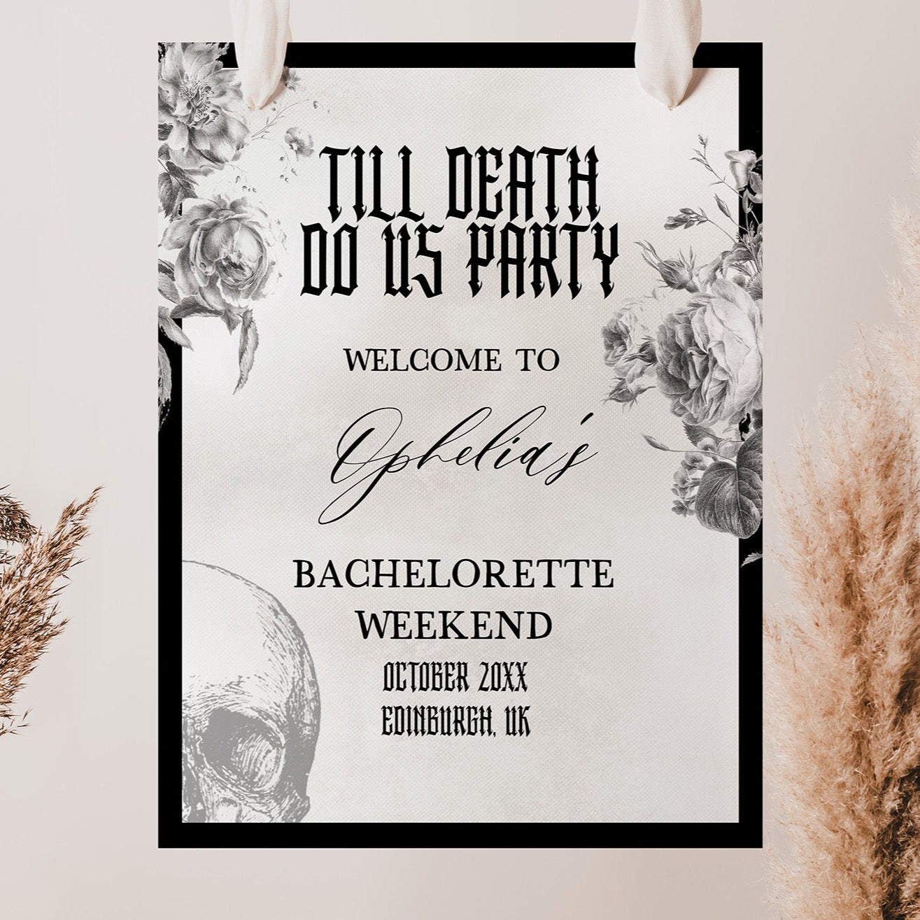 Fully editable and printable bachelorette weekend welcome sign with a gothic design. Perfect for a Bride or Die or Death Us To Party bridal shower themed party