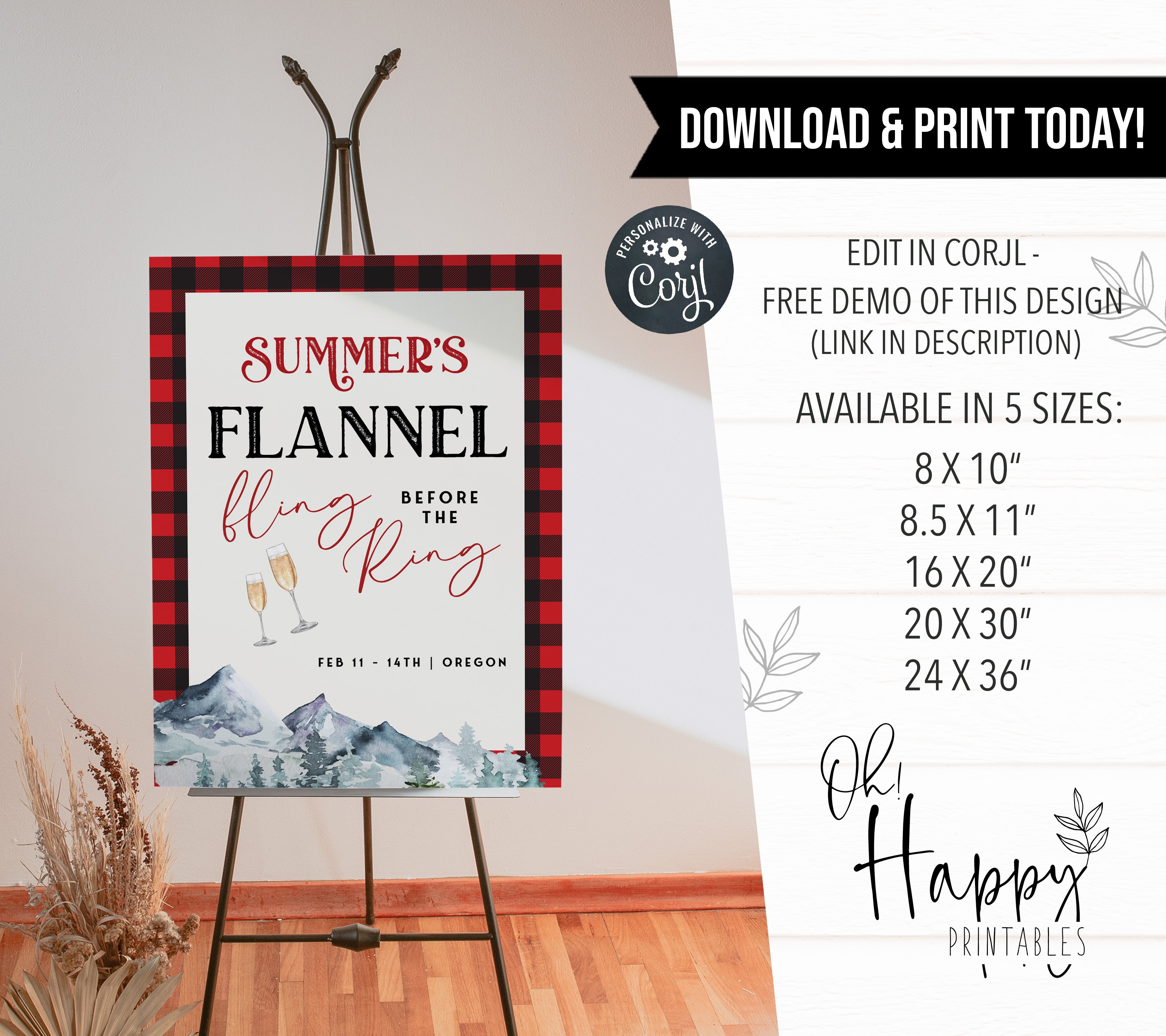 Fully editable and printable bachelorette welcome sign with a flannel design. Perfect for a woodland flannel Bachelorette themed party