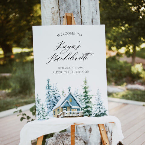 Fully editable and printable mountain cabin welcome signs with a mountain design. Perfect for a snowy cabin mountain bridal shower
