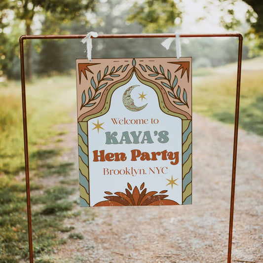 60s boho style bachelorette editable welcome sign. Simply edit, download and print at home or with any print service company