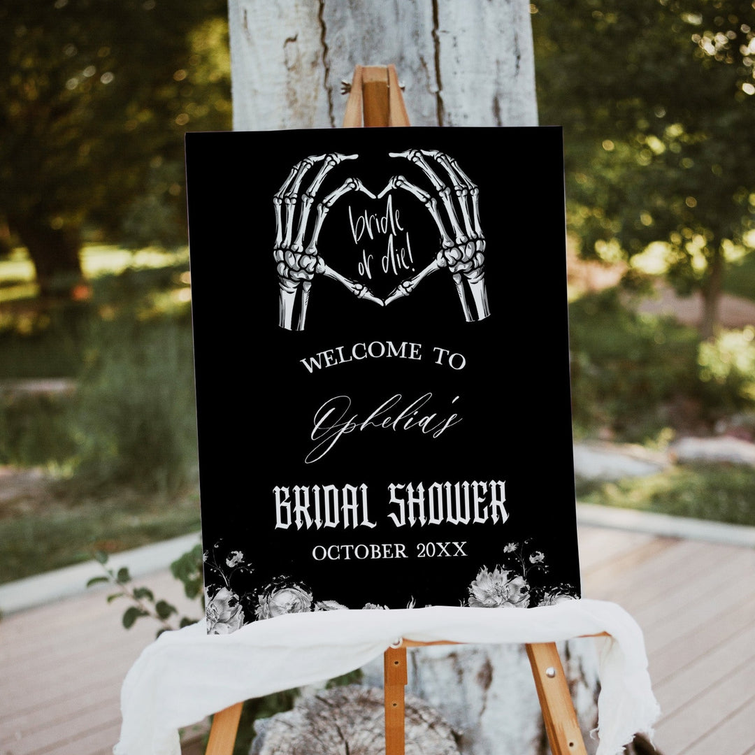 Fully editable and printable bridal shower welcome sign with a gothic design. Perfect for a Bride or Die or Death Us To Party bridal shower themed party