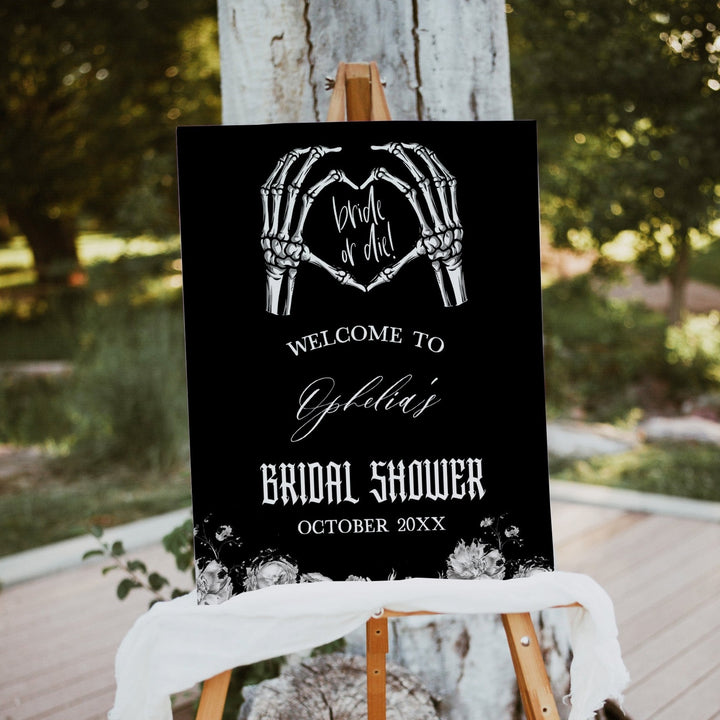 Fully editable and printable bridal shower welcome sign with a gothic design. Perfect for a Bride or Die or Death Us To Party bridal shower themed party