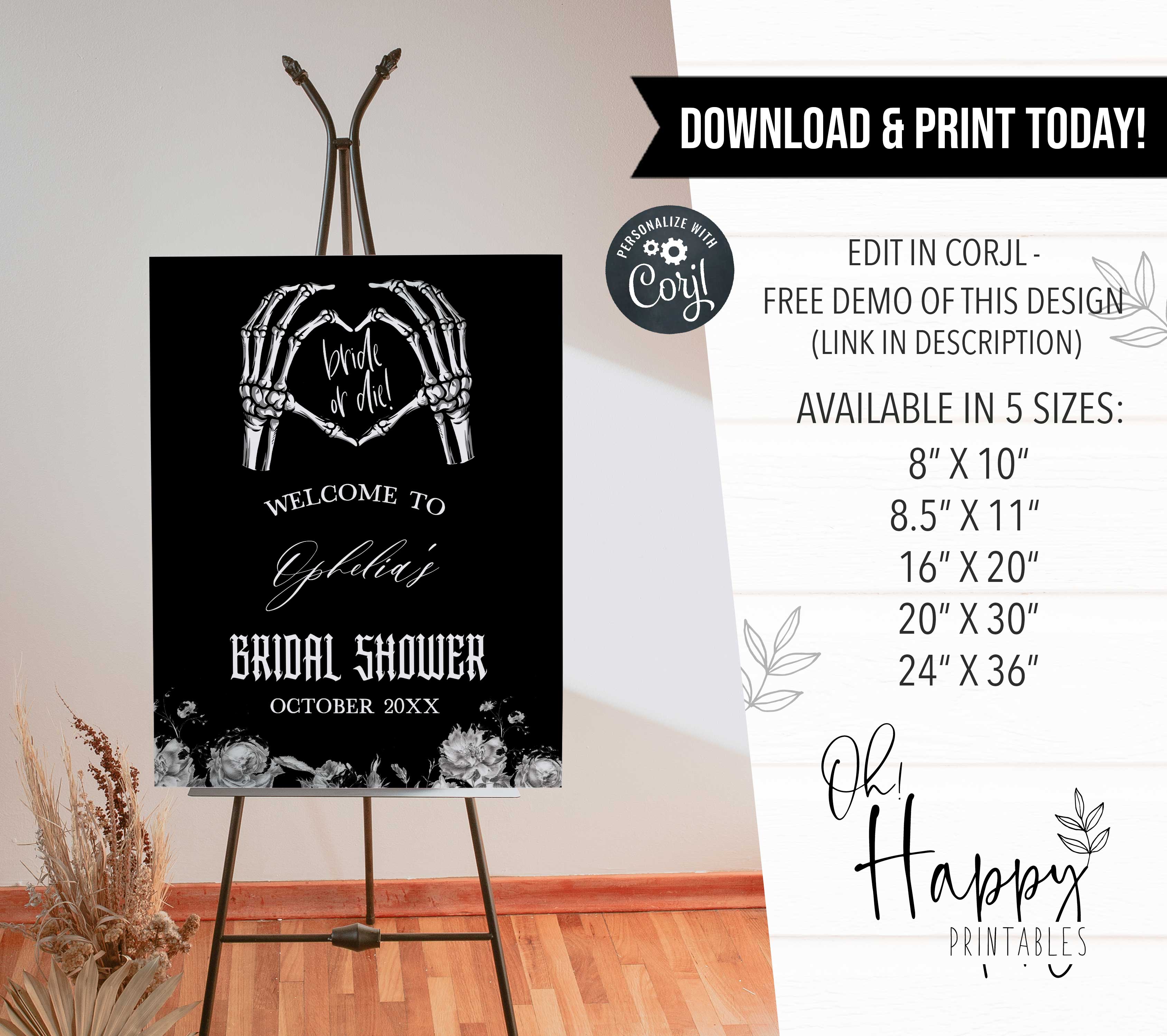 Fully editable and printable bridal shower welcome sign with a gothic design. Perfect for a Bride or Die or Death Us To Party bridal shower themed party