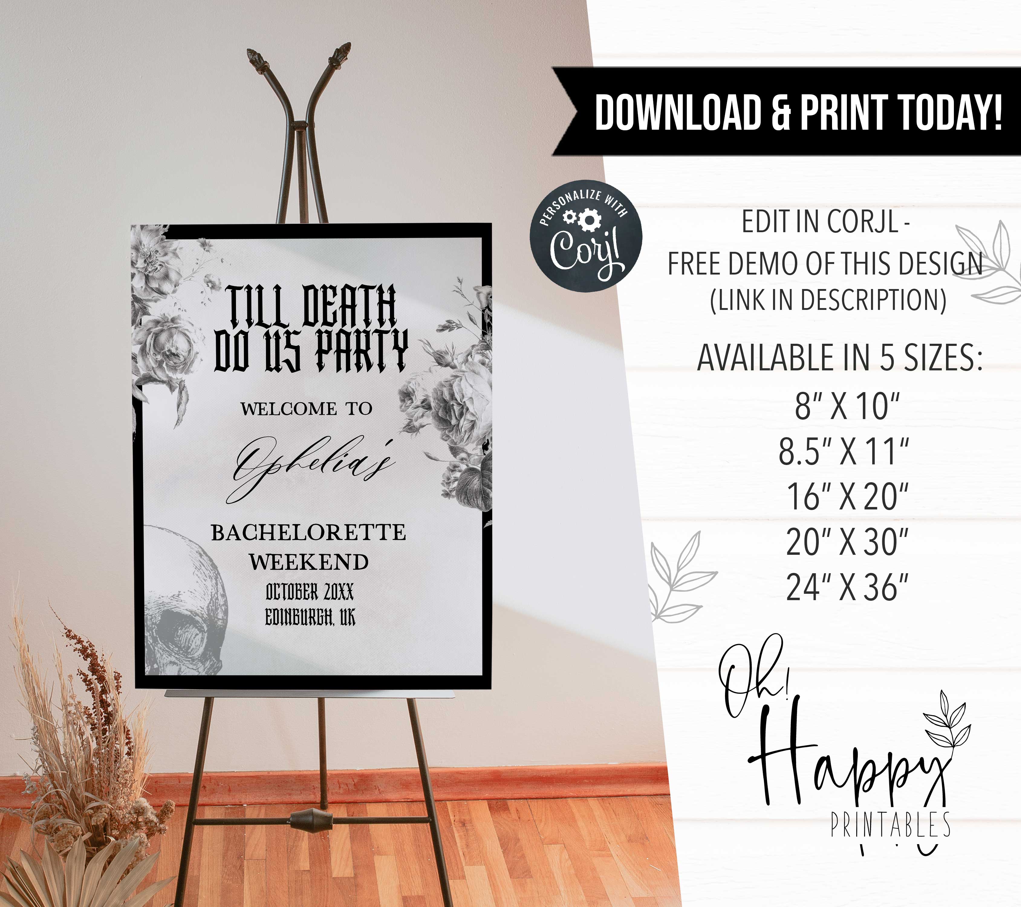 Fully editable and printable bachelorette weekend welcome sign with a gothic design. Perfect for a Bride or Die or Death Us To Party bridal shower themed party