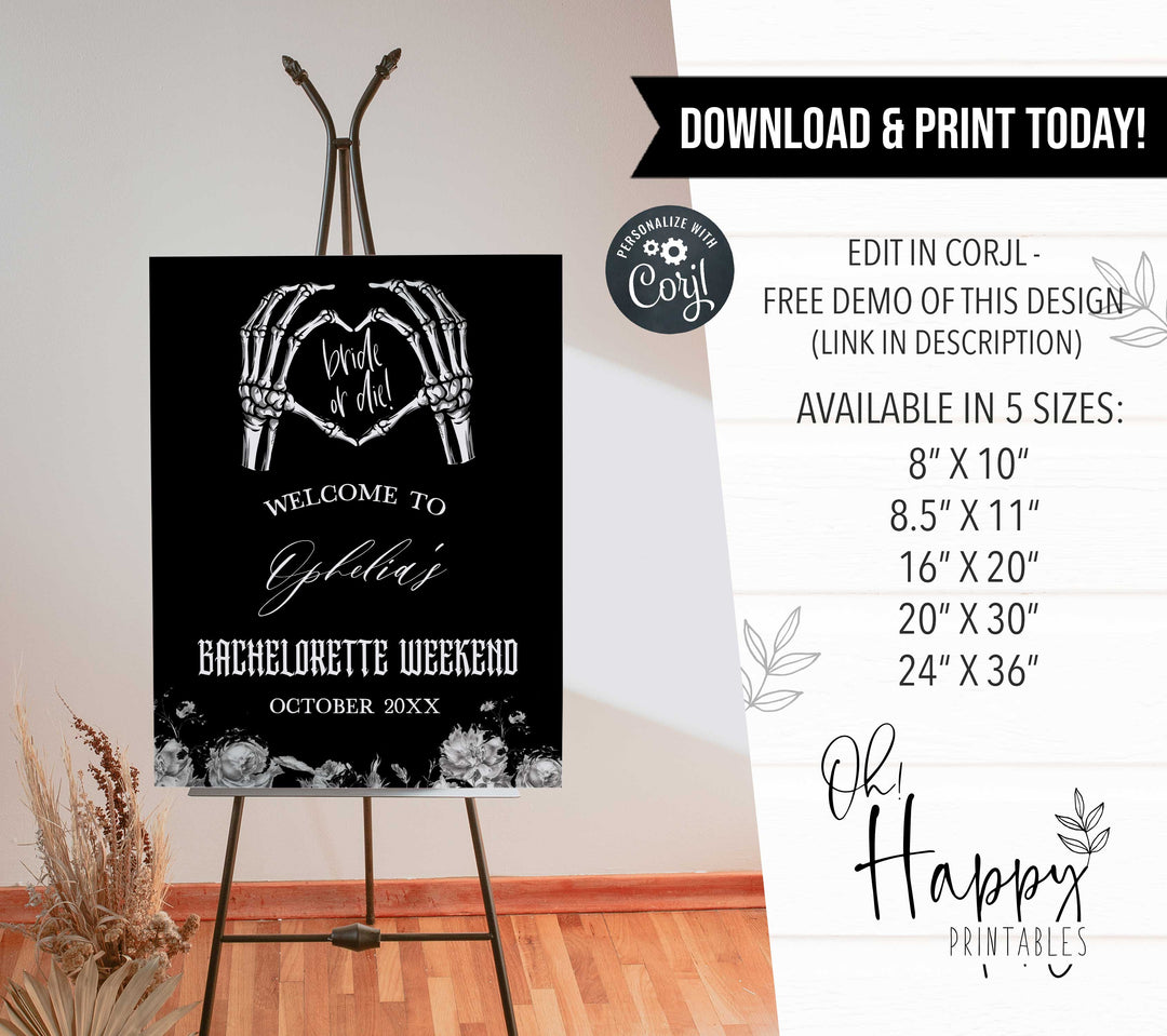 Fully editable and printable bachelorette weekend welcome sign with a gothic design. Perfect for a Bride or Die or Death Us To Party bridal shower themed party