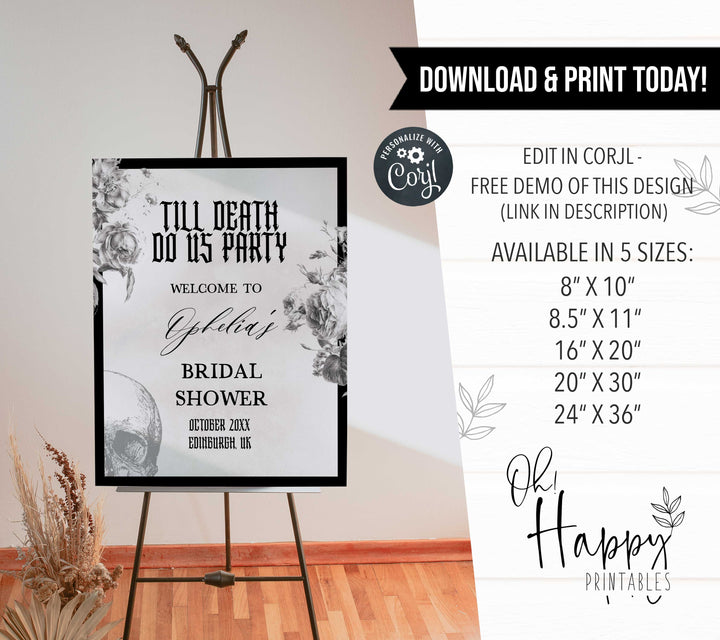 Fully editable and printable bridal shower welcome sign with a gothic design. Perfect for a Bride or Die or Death Us To Party bridal shower themed party
