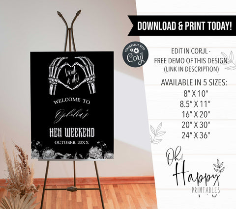 Fully editable and printable hen party weekend welcome sign with a gothic design. Perfect for a Bride or Die or Death Us To Party bridal shower themed party