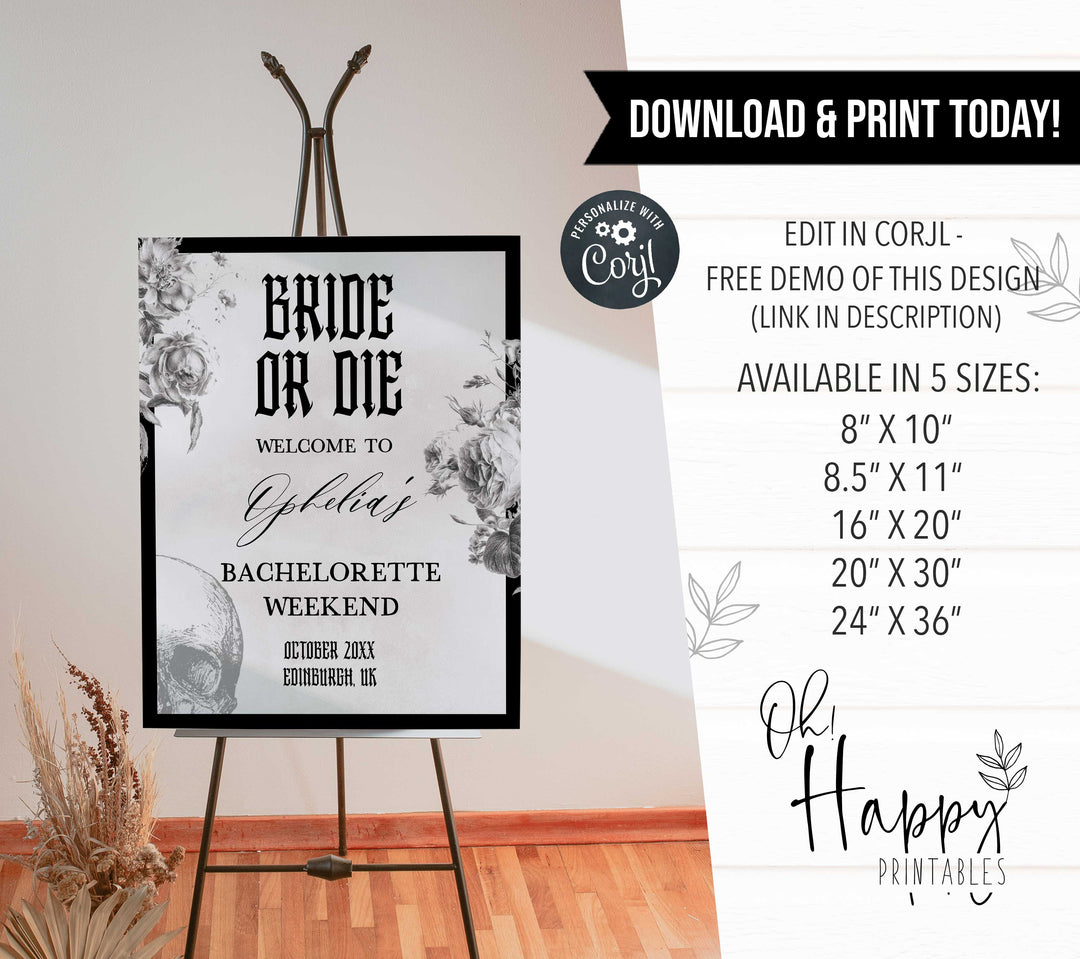 Fully editable and printable bachelorette weekend welcome sign with a gothic design. Perfect for a Bride or Die or Death Us To Party bridal shower themed party