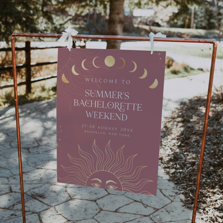 Fully editable and printable bachelorette weekend welcome sign with a celestial design. Perfect for a celestial bridal shower themed party