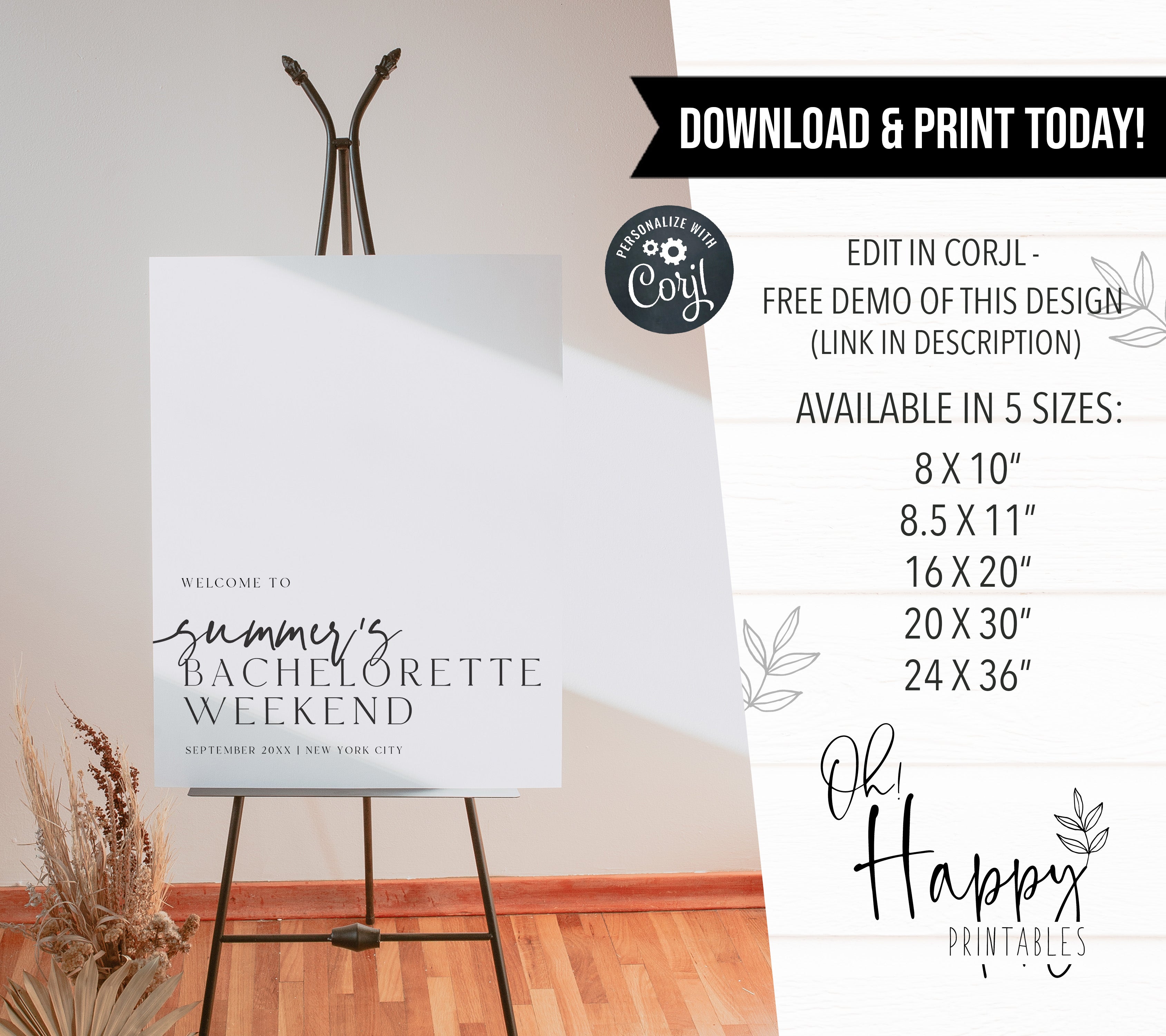 Fully editable, printable and mobile bachelorette invitation and welcome signs with a modern minimalist design. Perfect for a modern minimalist Bachelorette themed party