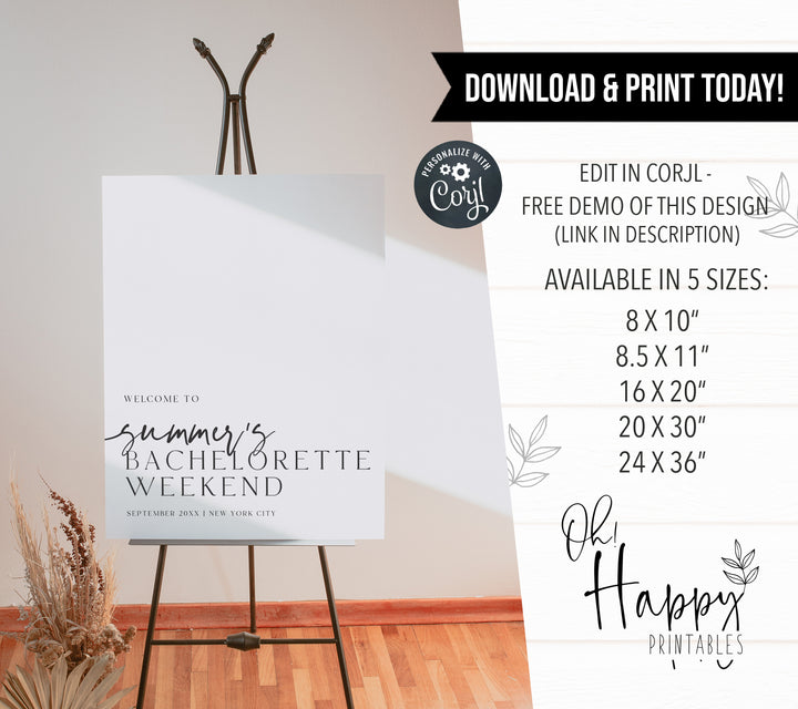 Fully editable, printable and mobile bachelorette invitation and welcome signs with a modern minimalist design. Perfect for a modern minimalist Bachelorette themed party