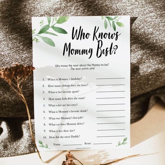 Botanical Who Knows Mommy Best Quiz, Baby Shower Games, Knows Mummy Games, Greenery Baby Shower Games, Green Fun Baby Shower Games