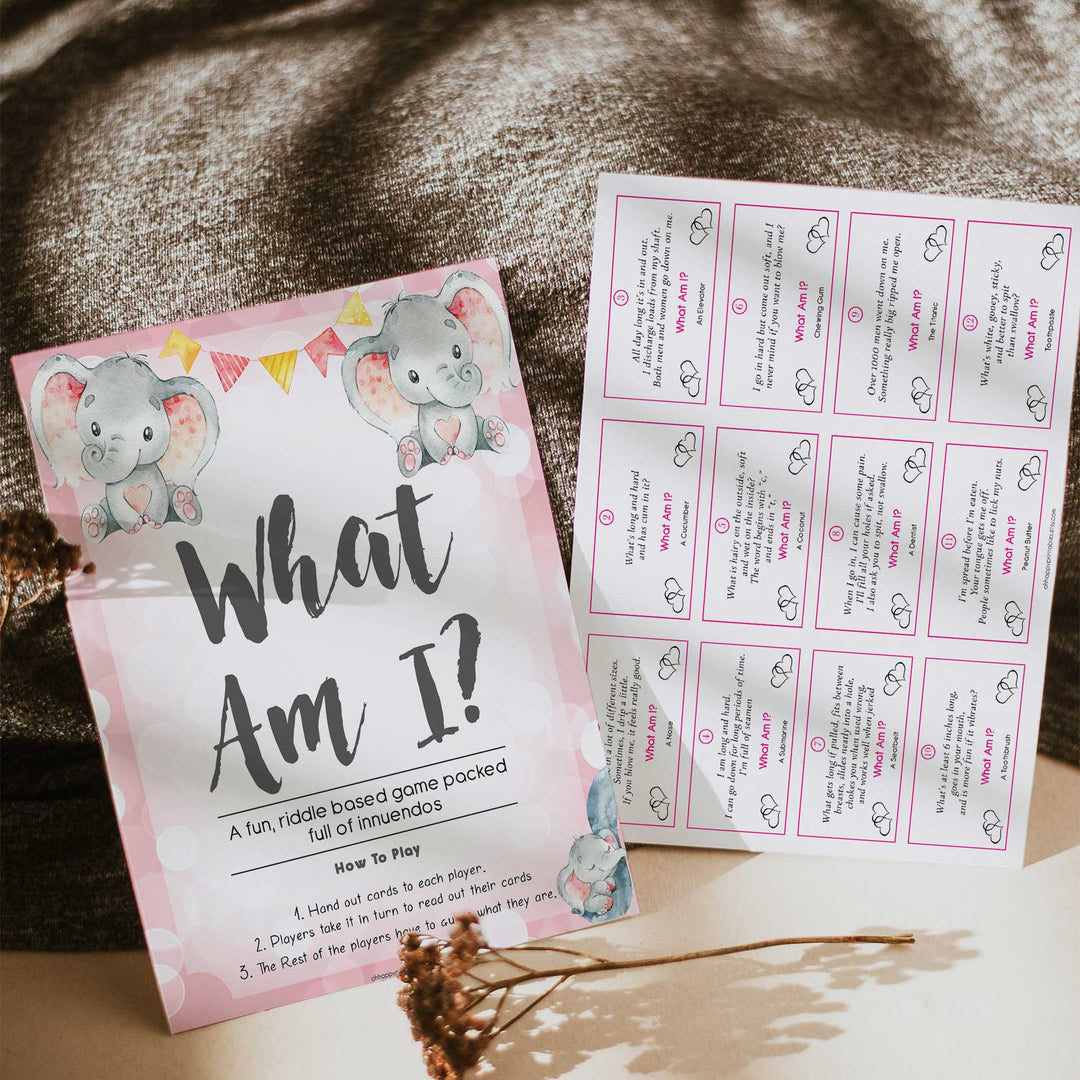 pink elephant baby games, what am I baby shower games, printable baby shower games, baby shower games, fun baby games, popular baby games, pink baby games