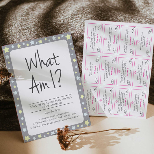 Grey Yellow Stars 24 What Am I Innuendo Baby Shower Games, Innuendo Riddle Baby Shower Games, What Am I Games, Stars Adult Baby Shower, fun baby shower games, popular baby shower games
