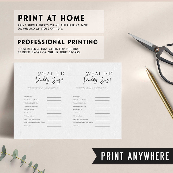 Printable baby shower game What Did Daddy Say with a modern minimalist design