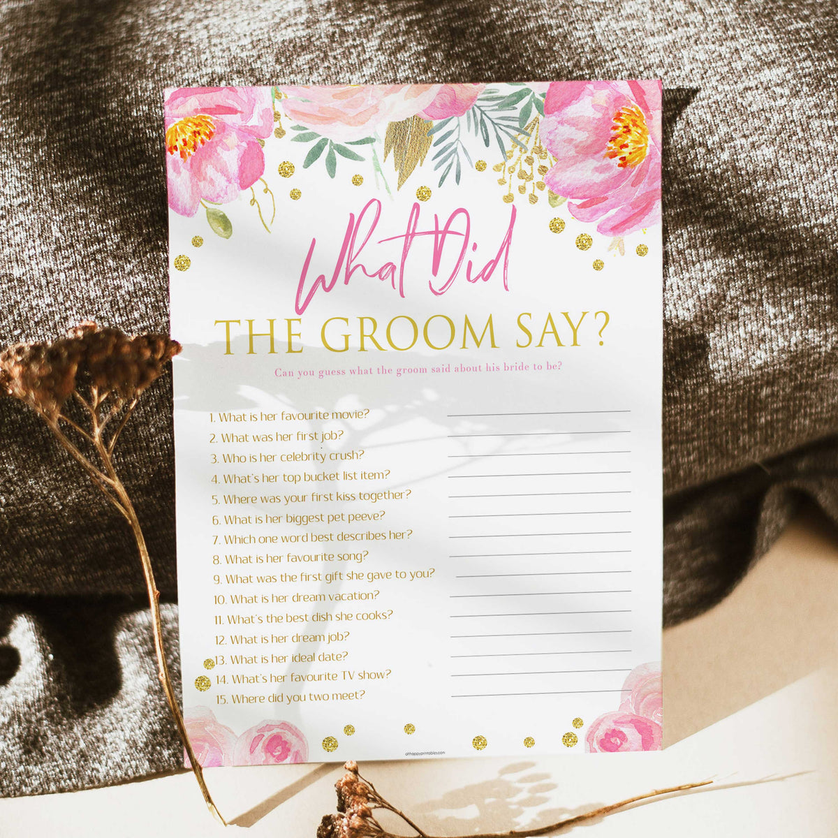 what did the groom say game, printable bridal shower games, blush floral bridal shower games, fun bridal shower games