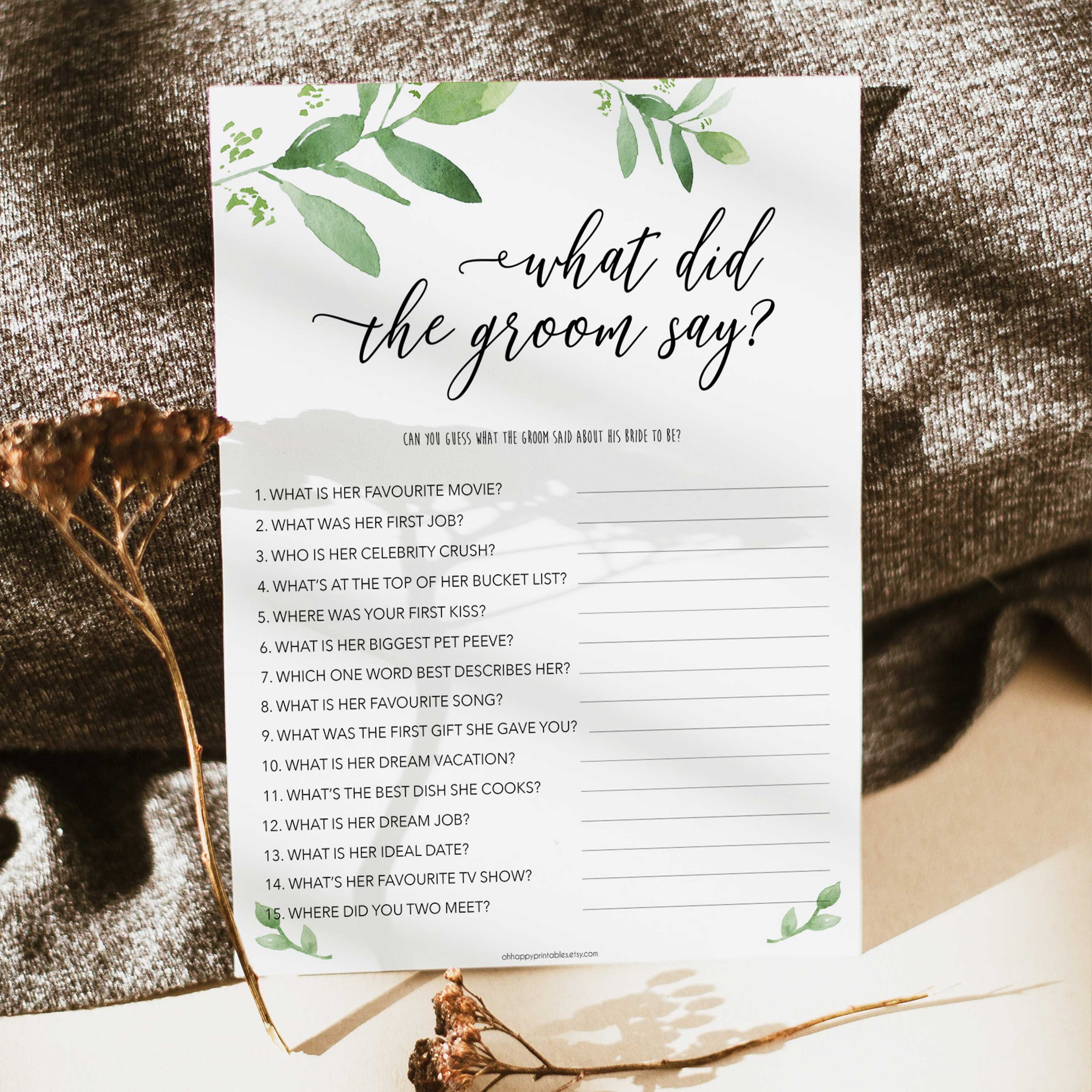 what did the groom say game, greenery bridal shower, fun bridal shower games, bachelorette party games, floral bridal games, hen party ideas