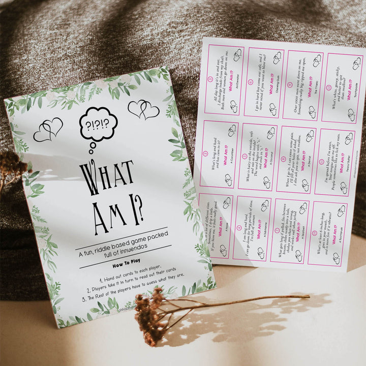 24 What Am I Innuendo Baby Shower Games, Innuendo Riddle Greenery Baby Shower Games, What Am I Games, Baby Games, Adult Baby Shower, printable baby shower games, fun baby shower games, popular baby shower games