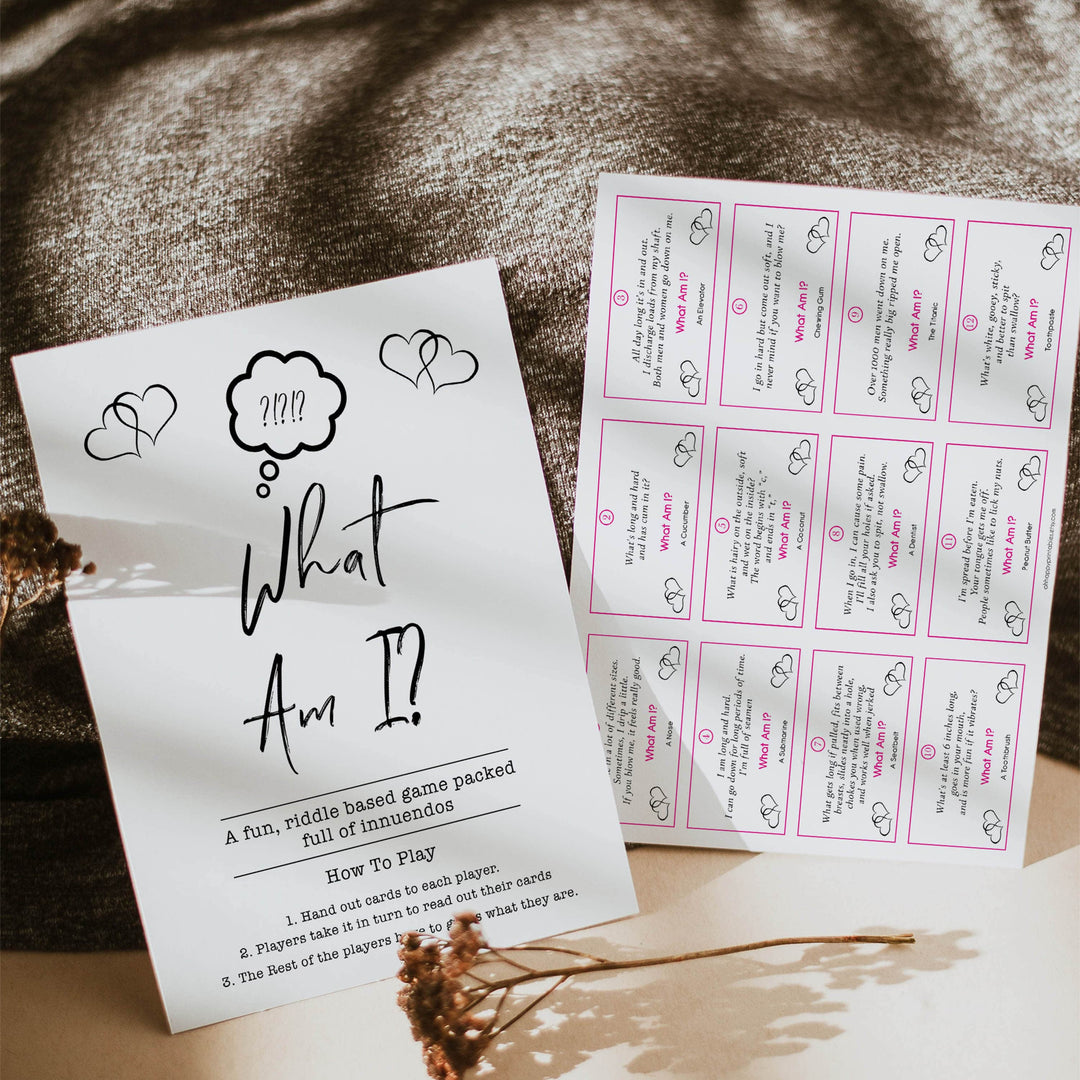 White Gender Neutral 24 What Am I Innuendo Baby Shower Games, Innuendo Riddle Baby Shower Games, What Am I Games, Gold Adult Baby Shower, fun baby games, popular baby games