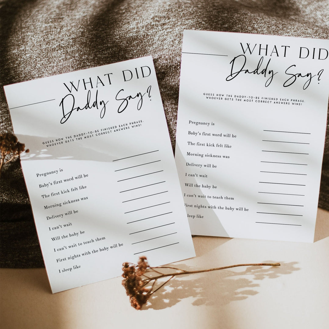 Printable baby shower game What Did Daddy Say with a modern minimalist design