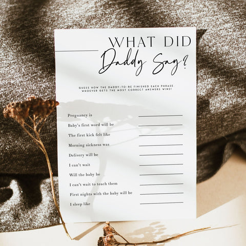 Printable baby shower game What Did Daddy Say with a modern minimalist design
