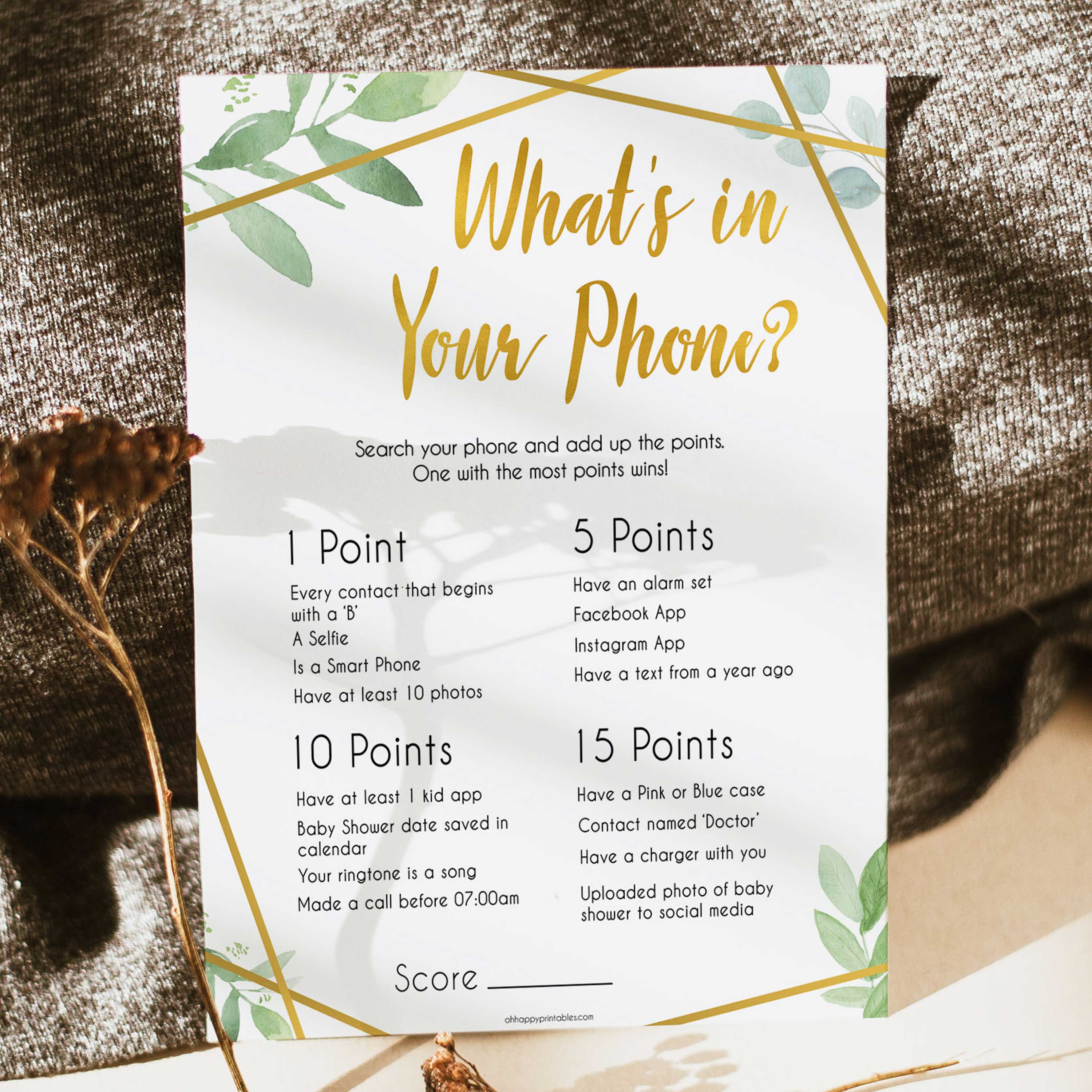 gold geometric whats in your phone baby shower games, printable baby shower games, fun baby games, popular baby games, gold baby games