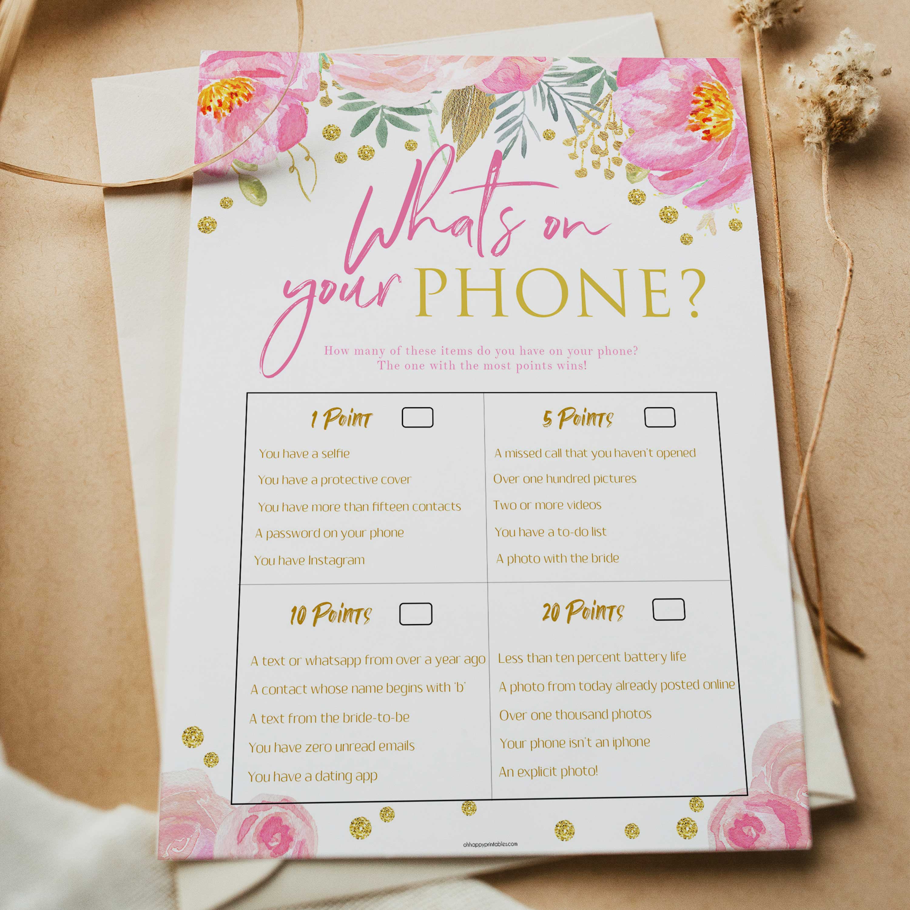 whats in your phone, printable bridal shower games, blush floral bridal shower games, fun bridal shower games