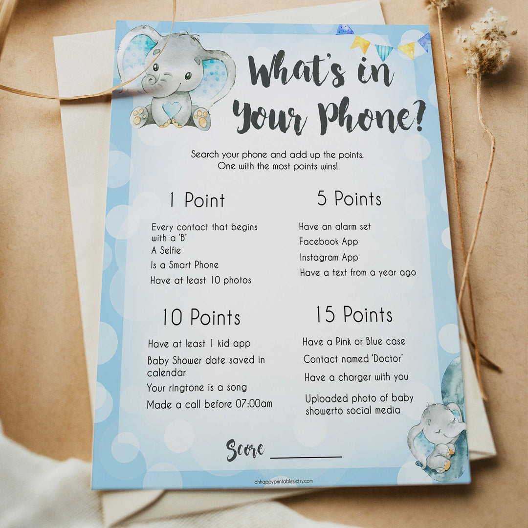 Blue elephant baby games, whats in your phone, elephant baby games, printable baby games, top baby games, best baby shower games, baby shower ideas, fun baby games, elephant baby shower