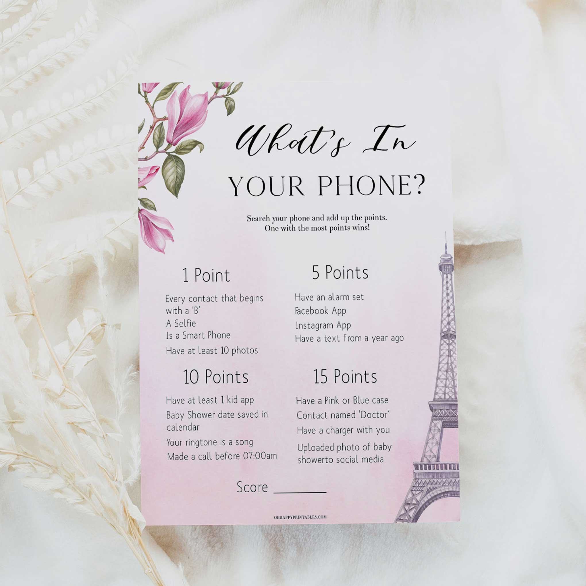 whats in your phone baby game, Paris baby shower games, printable baby shower games, Parisian baby shower games, fun baby shower games