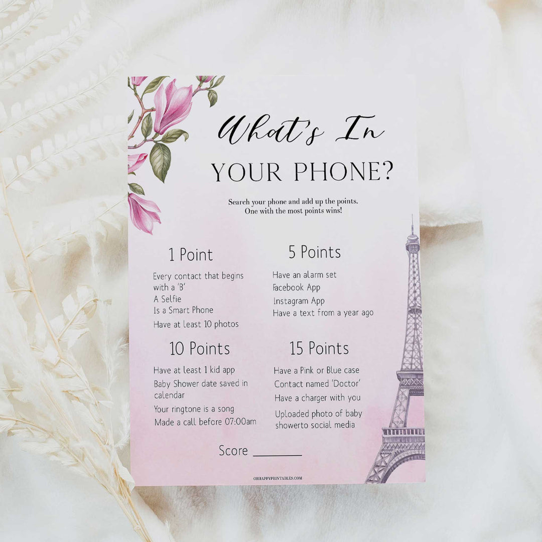 whats in your phone baby game, Paris baby shower games, printable baby shower games, Parisian baby shower games, fun baby shower games