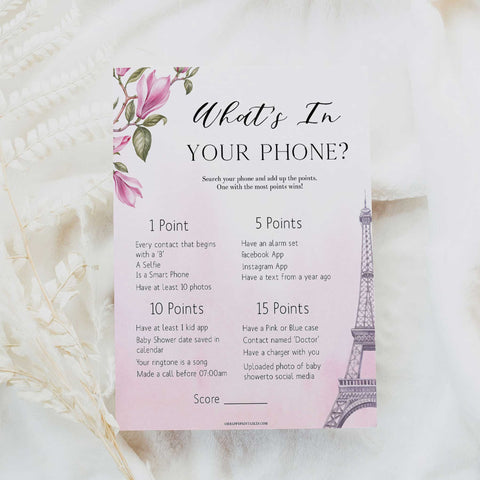 whats in your phone baby game, Paris baby shower games, printable baby shower games, Parisian baby shower games, fun baby shower games