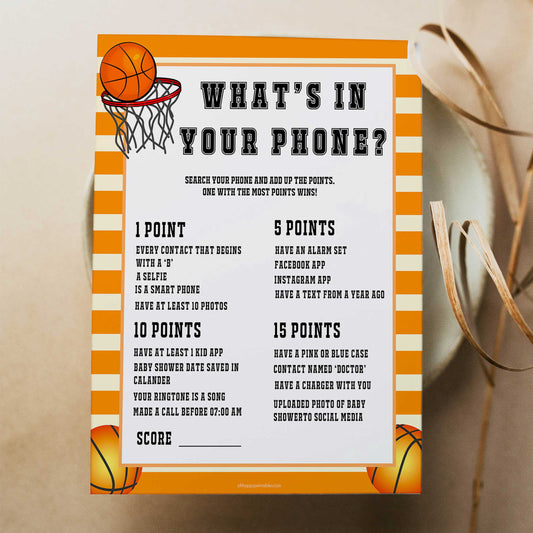 Basketball baby shower games, whats in your phone baby game, printable baby games, basket baby games, baby shower games, basketball baby shower idea, fun baby games, popular baby games