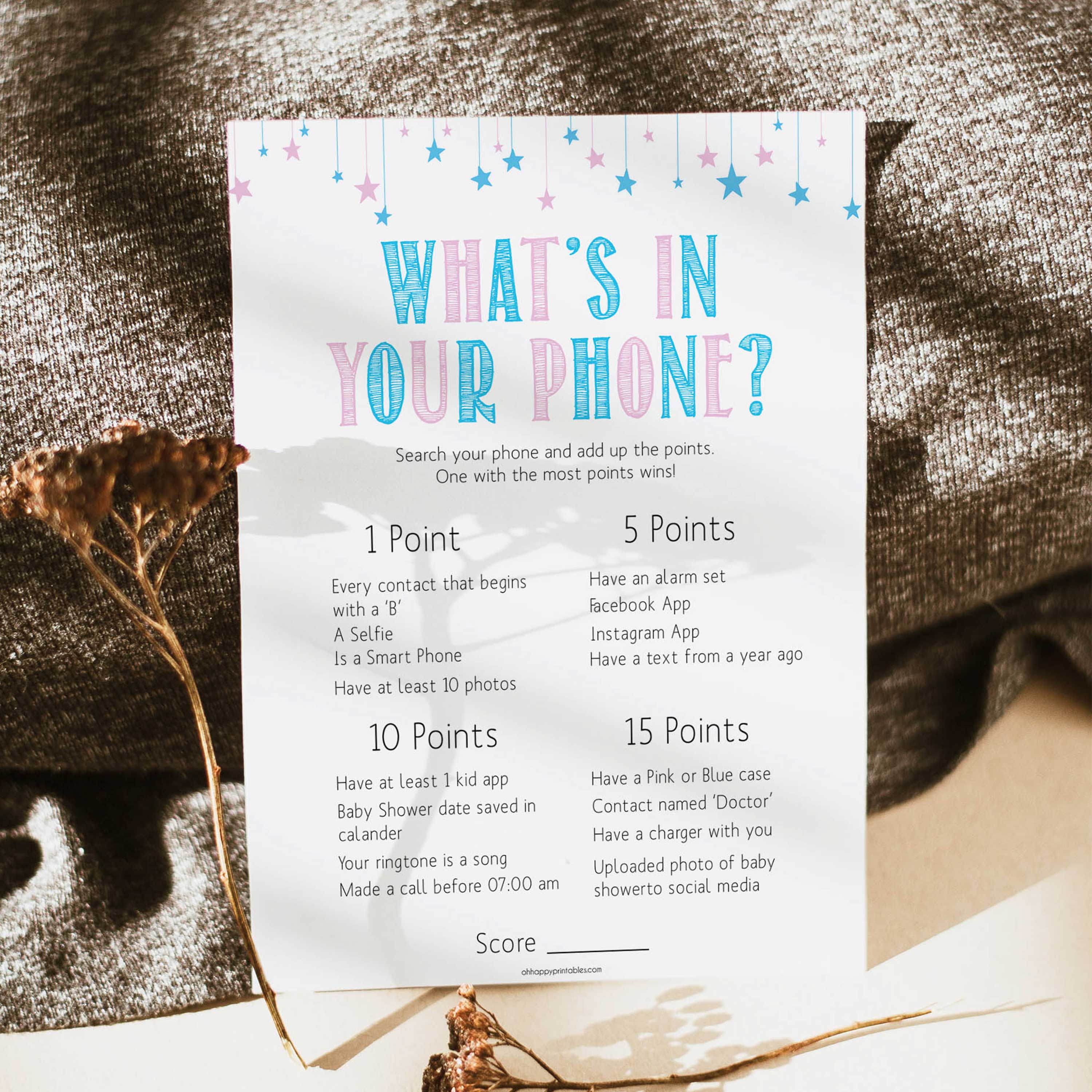Gender reveal baby games, whats in your phone baby game, gender reveal shower, fun baby games, gender reveal ideas, popular baby games, best baby games, printable baby games, gender reveal baby games