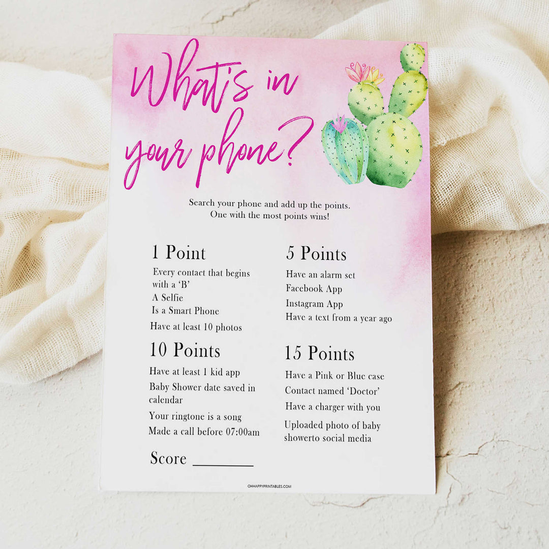 Cactus baby shower games, cactus whats in your phone baby game, printable baby games, Mexican baby shower, Mexican baby games, fiesta baby games, popular baby games, printable baby games