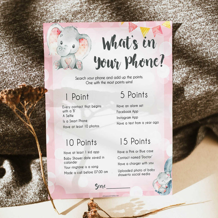 pink elephant baby games, whats in your phone baby shower games, printable baby shower games, baby shower games, fun baby games, popular baby games, pink baby games