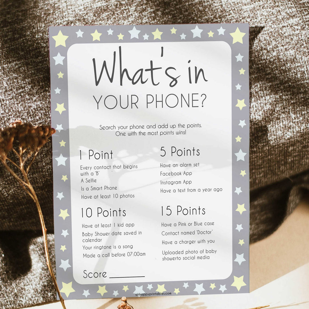 Grey Yellow Star Whats In Your Phone Baby Game, Baby Games, Printable Baby Shower Games, Whats on Your Phone, Baby Shower Phone Game, fun baby shower games, popular baby shower games
