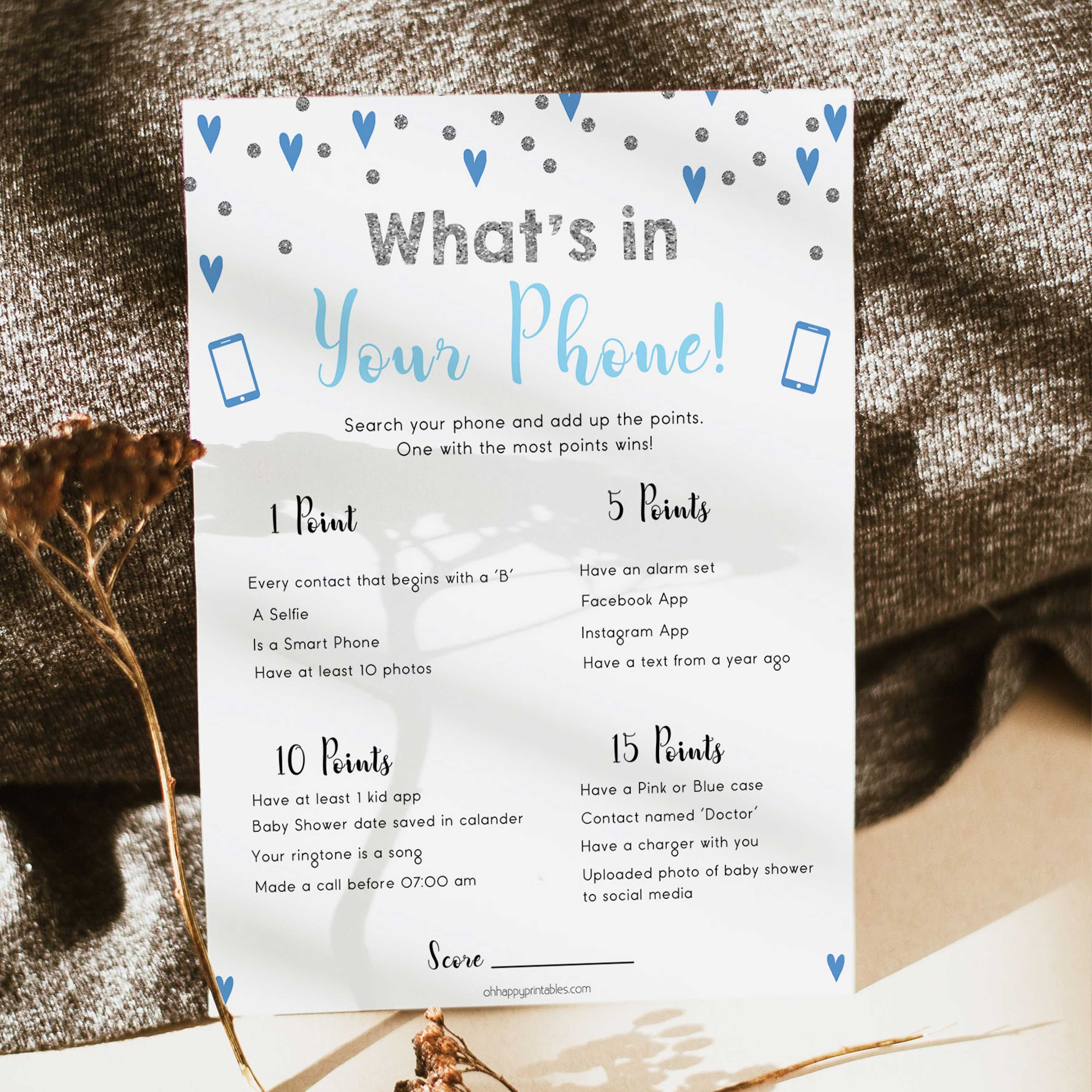 whats in your phone game, Printable baby shower games, small blue hearts fun baby games, baby shower games, fun baby shower ideas, top baby shower ideas, silver baby shower, blue hearts baby shower ideas