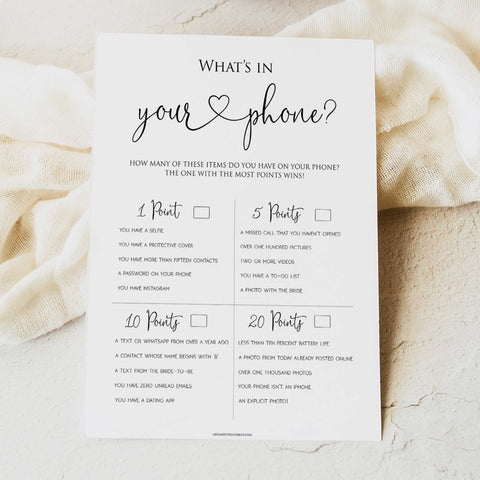 minimalist bridal shower games, whats in your phone, bridal shower games bundle, printable bridal games, bridal shower games, how knows the bridal, top bridal shower games
