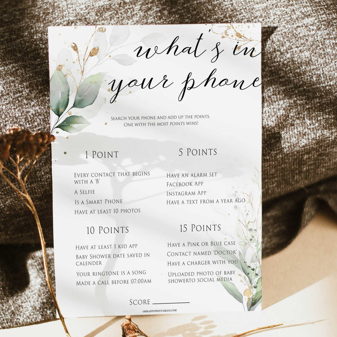 Gold green leaf baby games, whats in your phone, printable baby games, fun baby games, top baby games to play, gold leaf baby shower, greenery baby shower ideas