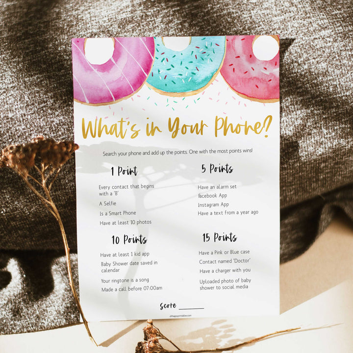 editable baby shower games, whats in your phone game, Printable baby shower games, donut baby games, baby shower games, fun baby shower ideas, top baby shower ideas, donut sprinkles baby shower, baby shower games, fun donut baby shower ideas