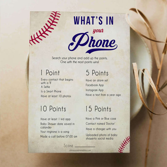 Whats In Your Phone Baby Shower Game, Baseball Baby Games, Baby Shower Games, Baseball Whats on Your Phone, Baby Shower Phone Game, printable baby shower games, fun baby shower games, popular baby shower games