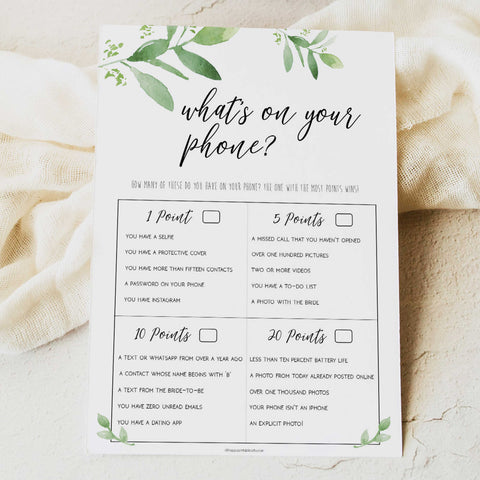 whats in your phone game, greenery bridal shower, fun bridal shower games, bachelorette party games, floral bridal games, hen party ideas