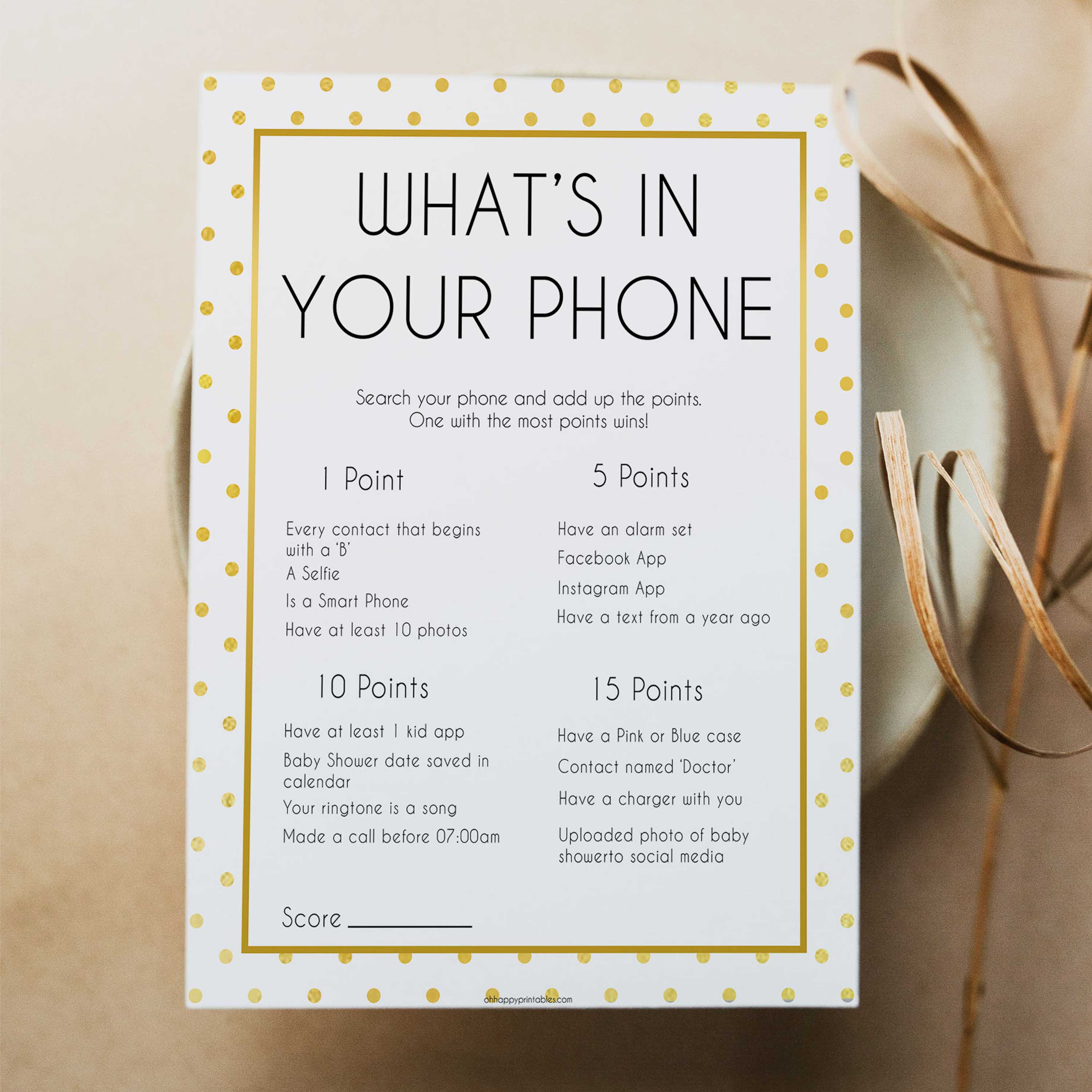 whats in your phone game, Printable baby shower games, baby gold dots fun baby games, baby shower games, fun baby shower ideas, top baby shower ideas, gold glitter shower baby shower, friends baby shower ideas