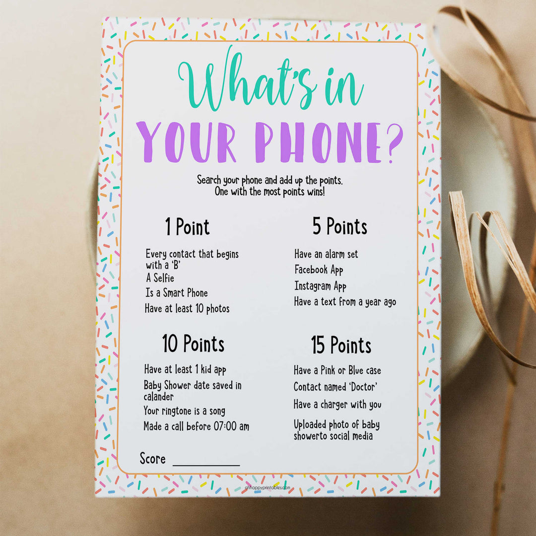 whats in your phone game, Printable baby shower games, baby sprinkle fun baby games, baby shower games, fun baby shower ideas, top baby shower ideas, sprinkle shower baby shower, friends baby shower ideas