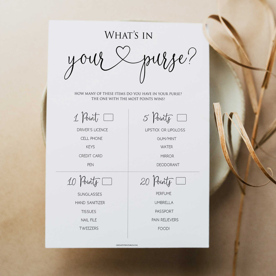 minimalist bridal shower games, whats in your purse, bridal shower games bundle, printable bridal games, bridal shower games, how knows the bridal, top bridal shower games
