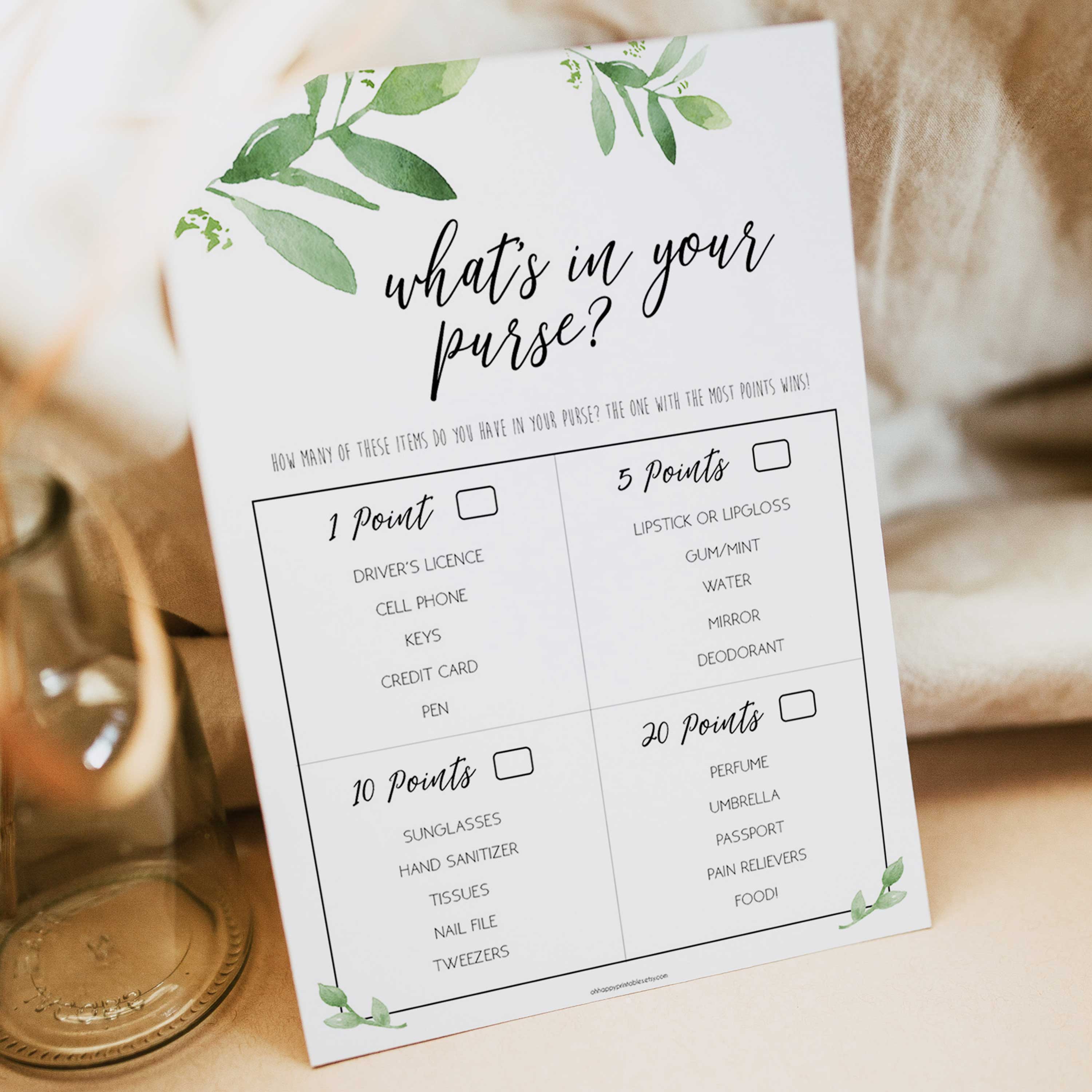 whats in your purse game, greenery bridal shower, fun bridal shower games, bachelorette party games, floral bridal games, hen party ideas