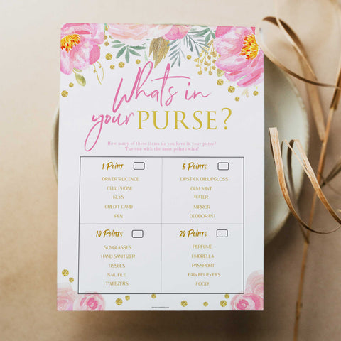 whats in your purse game, printable bridal shower games, blush floral bridal shower games, fun bridal shower games