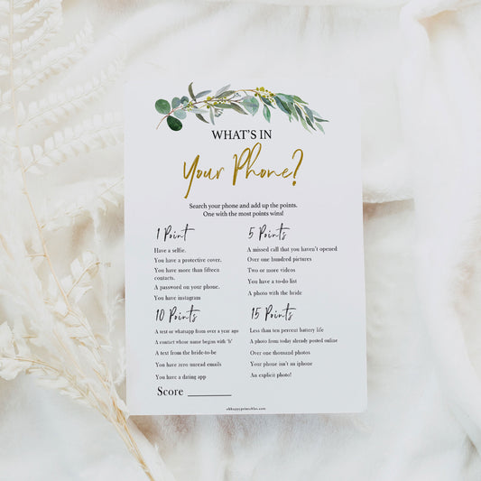 Bridal Shower game What’s on your Phone, with a gold and eucalyptus greenery design