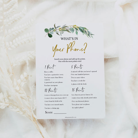 Bridal Shower game What’s on your Phone, with a gold and eucalyptus greenery design