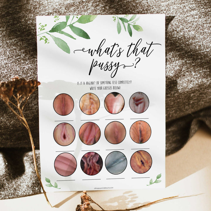 whats that pussy game, greenery bridal shower, fun bridal shower games, bachelorette party games, floral bridal games, hen party ideas